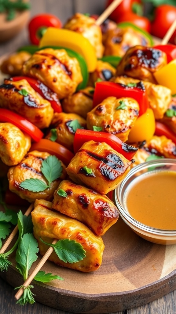 Grilled chicken skewers on a wooden platter with bell peppers and dipping sauce.